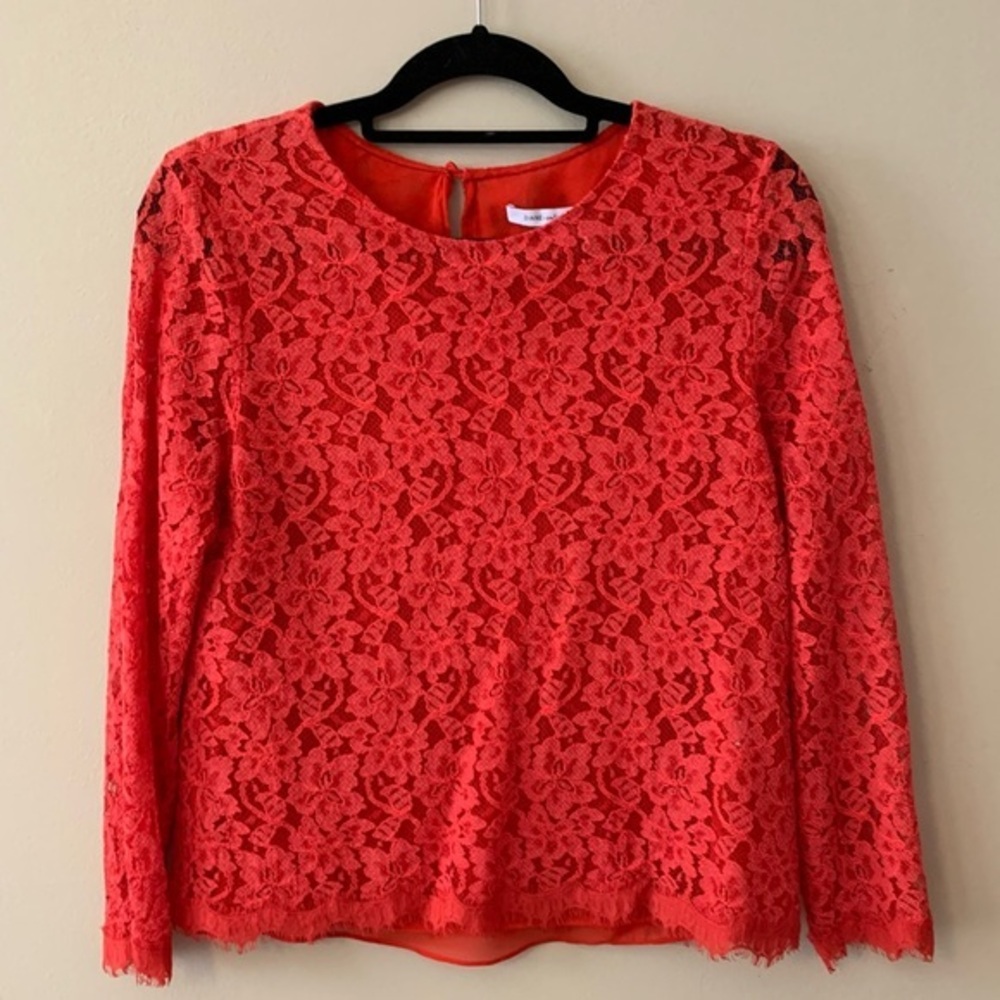 DVF Diane Von Furstenberg Brielle Lace Blouse Top Womens 12 Red 3/4 Sleeve $268